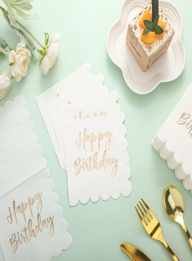 Qilery 100 Pack Happy Birthday Napkins Bulk Scalloped Disposable Cocktail White and Gold Napkins 2 Ply Paper Serviette for Birthday Party Supplies, 5 x 5 Inch - Image 3